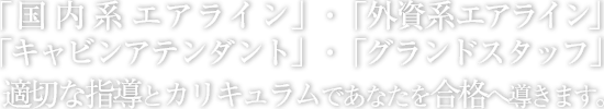 「国内系エアライン」・「外資系エアライン」
「キャビンアテンダント」・「グランドスタッフ」
適切な指導とカリキュラムであなたを合格へ導きます。